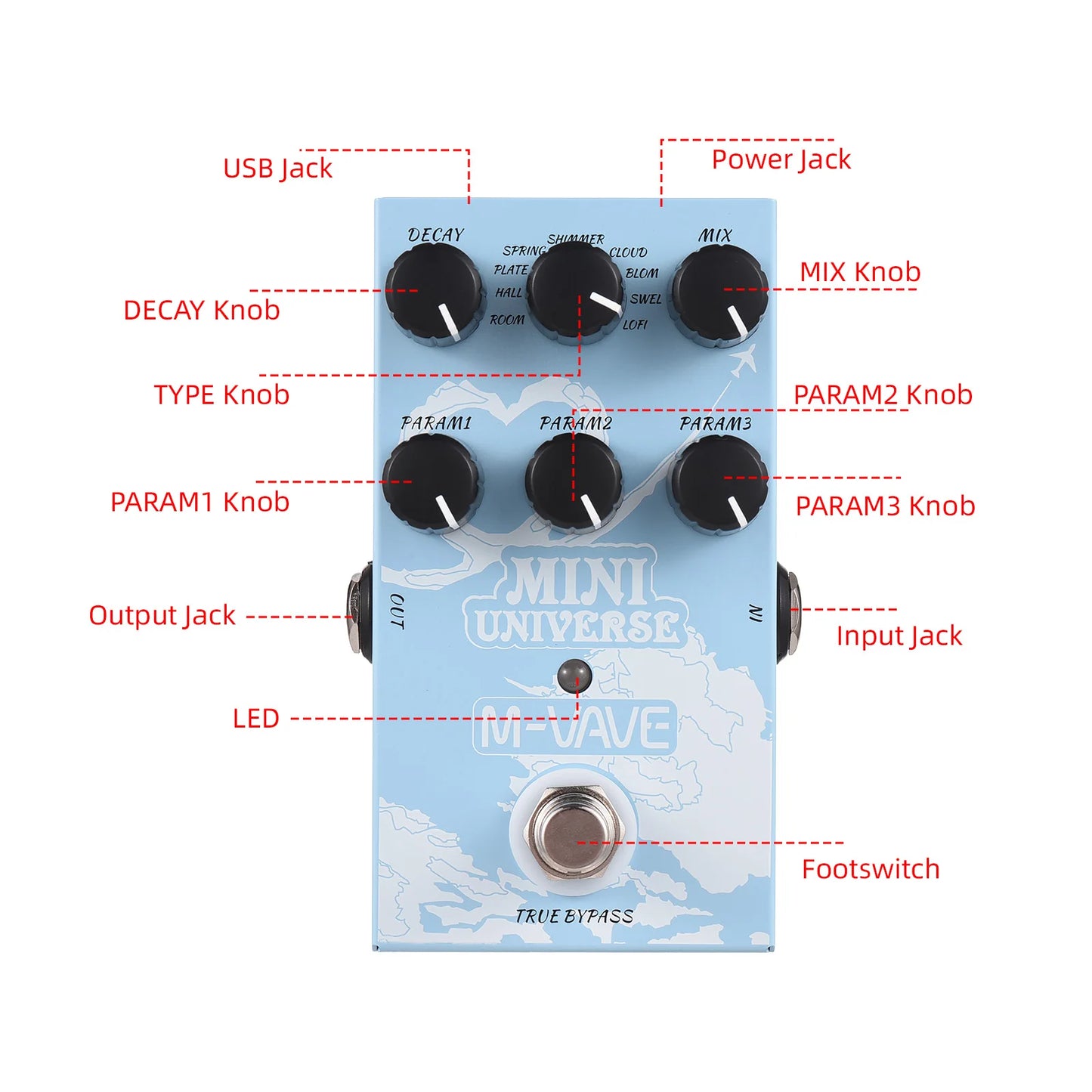 Pedal de Reverb Digital 9 Modos MINI-EFX - Room, Shimmer, Cloud e Spring